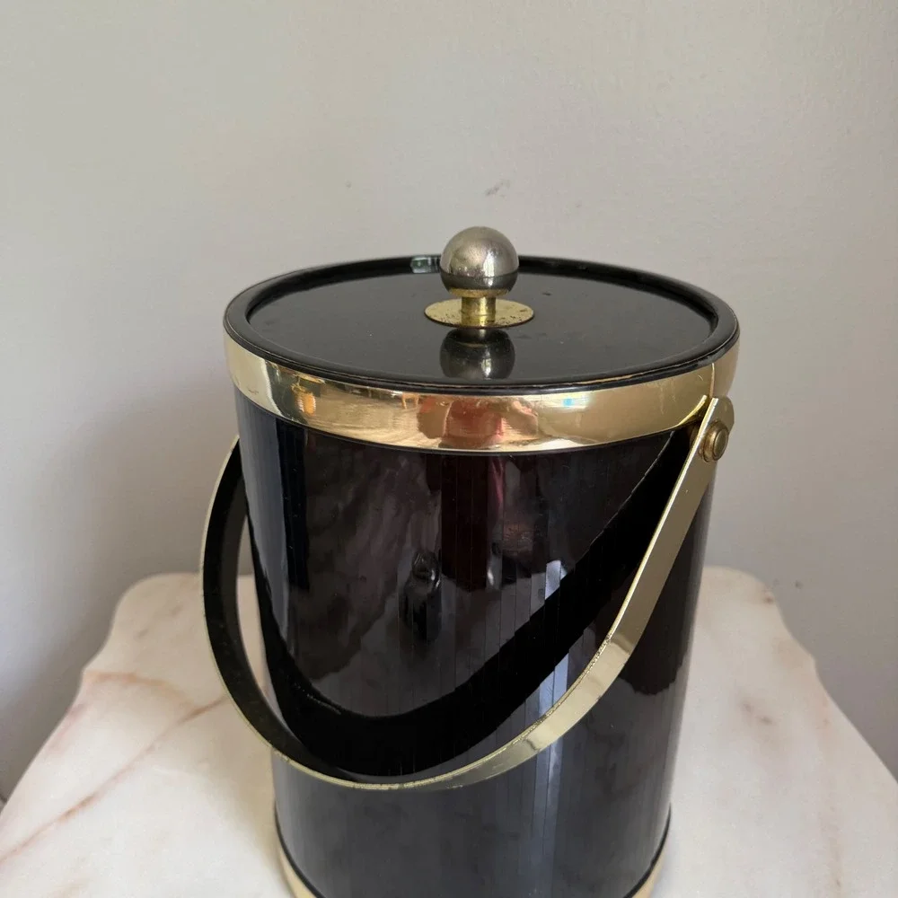 Vintage MCM Black Acrylic Ice Bucket Gold Trim Insulated Hollywood Regency Bar
